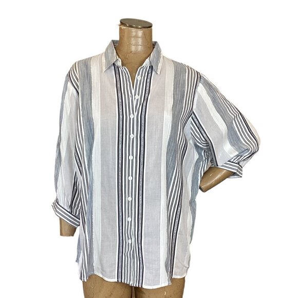 Peter Nygard Balloon Sleeve Button-Up Metallic Stripe Top M/L Gray Silver 295i - Picture 2 of 9
